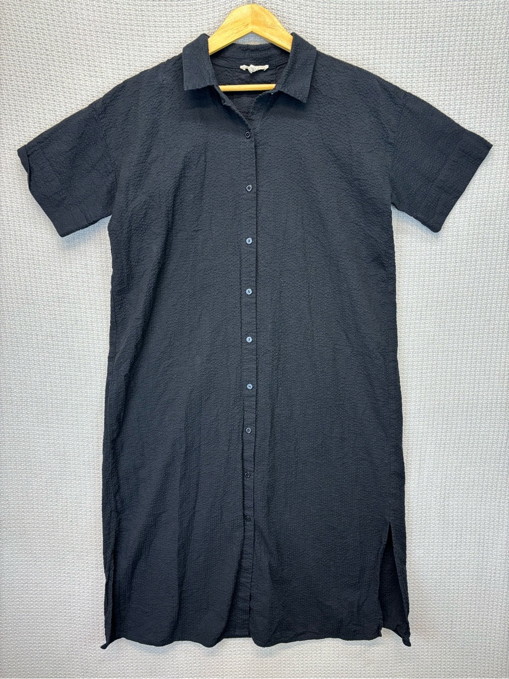 EILEEN FISHER Midi Shirt Dress Small Black Crinkle Button Front Collared Casual